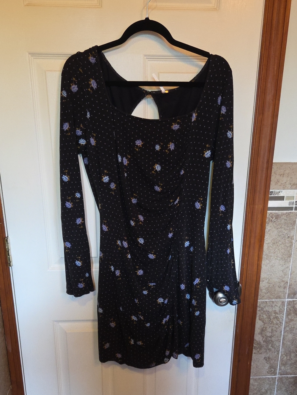 Black Long-Sleeve Floral Fit-and-Flare Dress